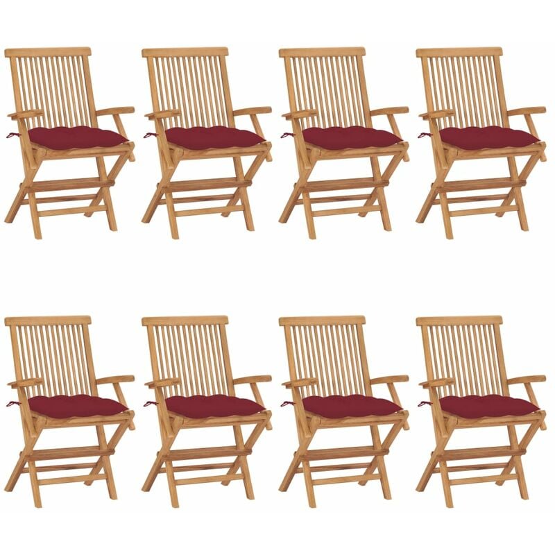 

vidaXL Sillas de jardín 8 uds madera de teca con cojines rojo tinto - Marrón
