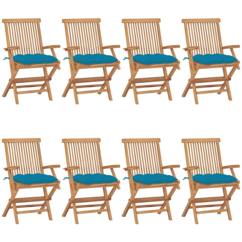 

vidaXL Sillas de jardín 8 uds madera maciza de teca cojines azul claro - Marrón