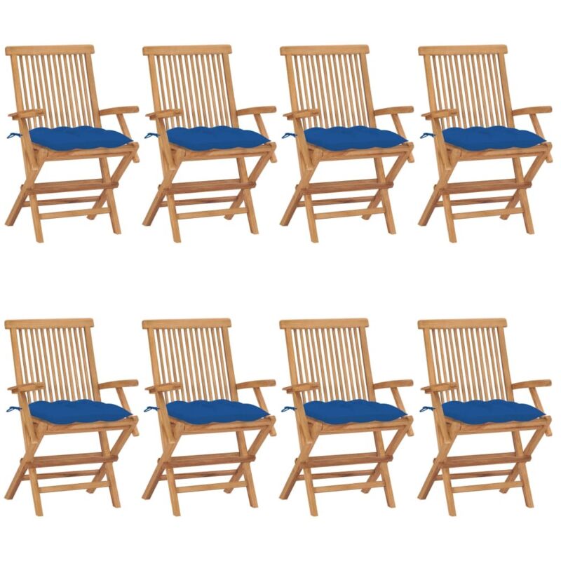 

vidaXL Sillas de jardín 8 uds madera maciza de teca con cojines azules - Marrón