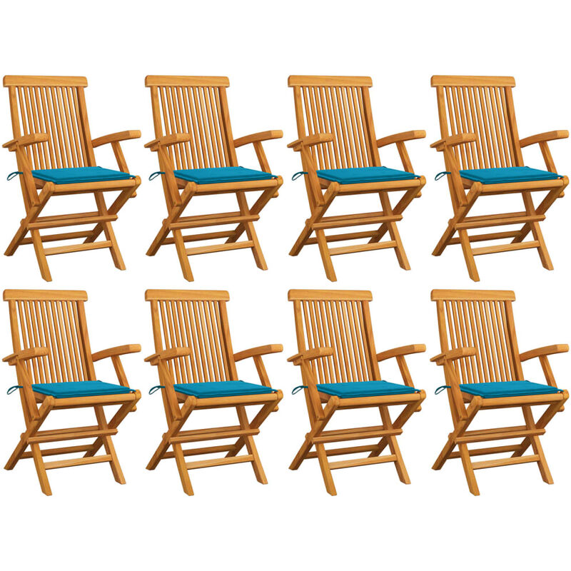 

vidaXL Sillas de jardín 8 uds madera maciza de teca con cojines azules - Marrón