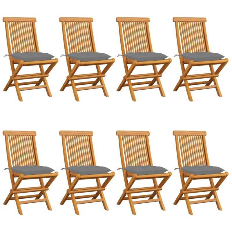 

vidaXL Sillas de jardín 8 uds madera maciza de teca con cojines grises - Marrón