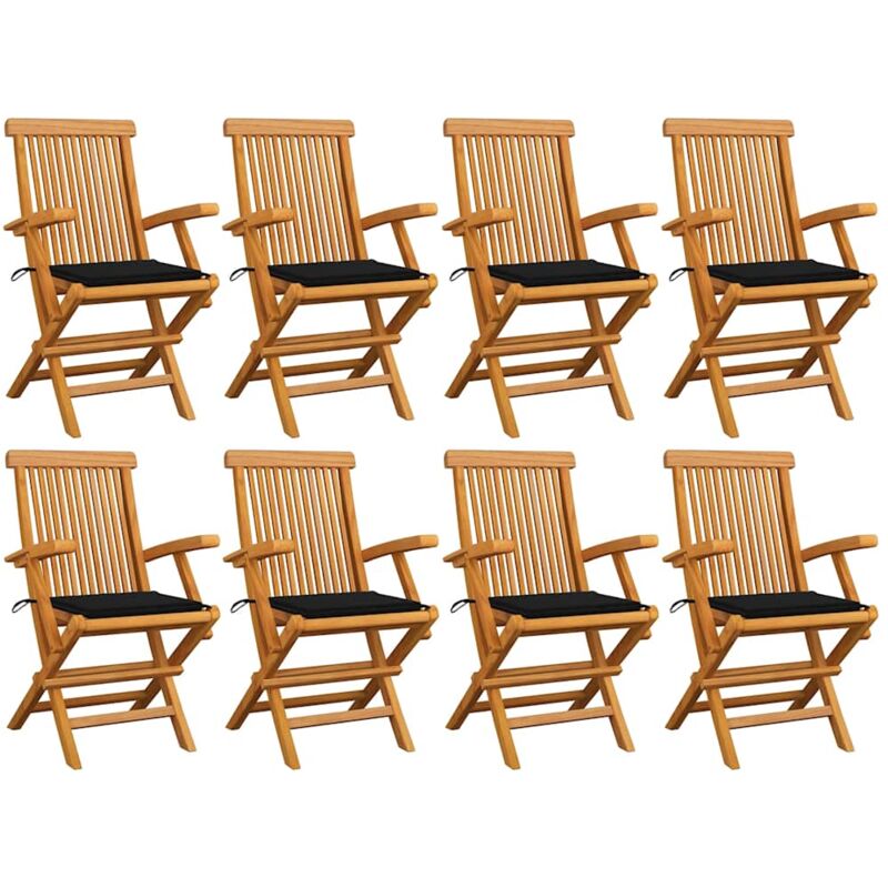 

vidaXL Sillas de jardín 8 uds madera maciza de teca con cojines negros - Marrón