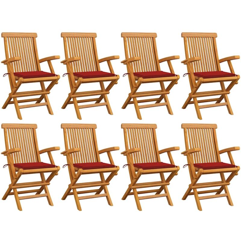 

vidaXL Sillas de jardín 8 uds madera maciza de teca con cojines rojos - Marrón