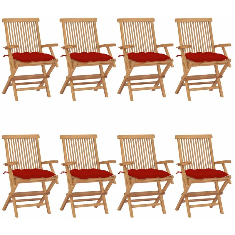 

vidaXL Sillas de jardín 8 uds madera maciza de teca con cojines rojos - Marrón