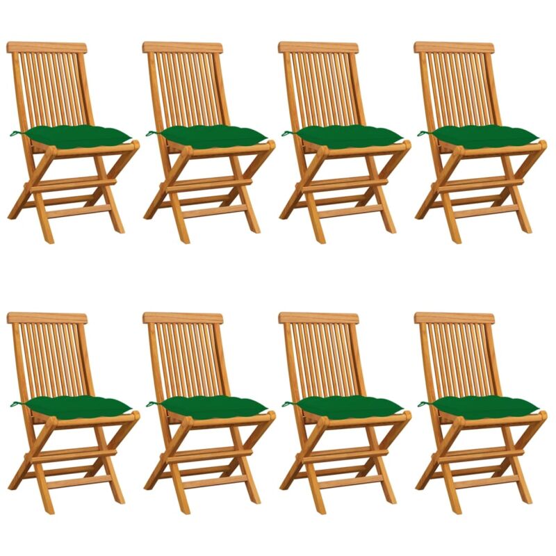 

vidaXL Sillas de jardín 8 uds madera maciza de teca con cojines verdes - Marrón