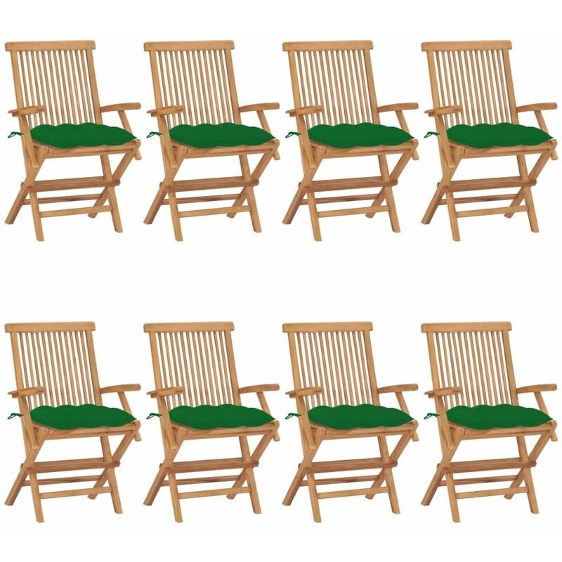

vidaXL Sillas de jardín 8 uds madera teca maciza con cojines verdes - Marrón