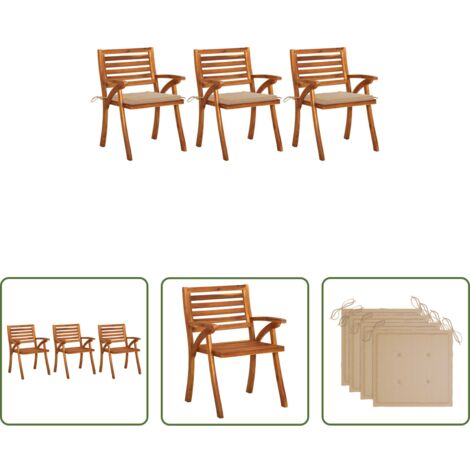 vidaXL Sillas de jardín con cojín -  Sillas de comedor jardín con cojines 3 uds madera maciza acacia