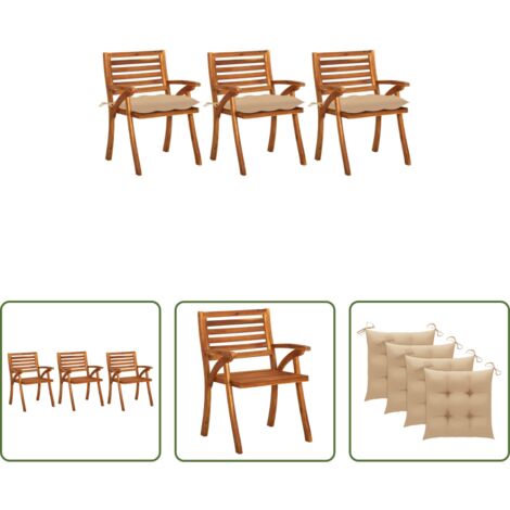 vidaXL Sillas de jardín con cojín -  Sillas de comedor jardín con cojines 3 uds madera maciza acacia
