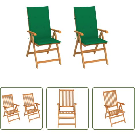 vidaXL Sillas de jardín con cojín -  Sillas de jardín 2 uds con cojines verdes madera maciza de teca