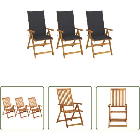vidaXL Sillas de jardín con cojín -  Sillas de jardín plegables 3 uds y cojines madera maciza acacia