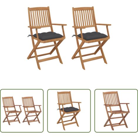 vidaXL Sillas de jardín con cojines -  Sillas de jardín plegables 2 uds y cojines madera maciza acacia
