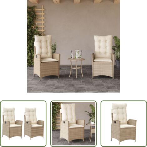 vidaXL Sillas de jardín con cojines -  Sillones reclinables de jardín con cojines beige 2 uds ratán PE