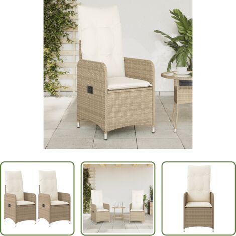 vidaXL Sillas de jardín con cojines -  Sillones reclinables de jardín con cojines beige 2 uds ratán PE