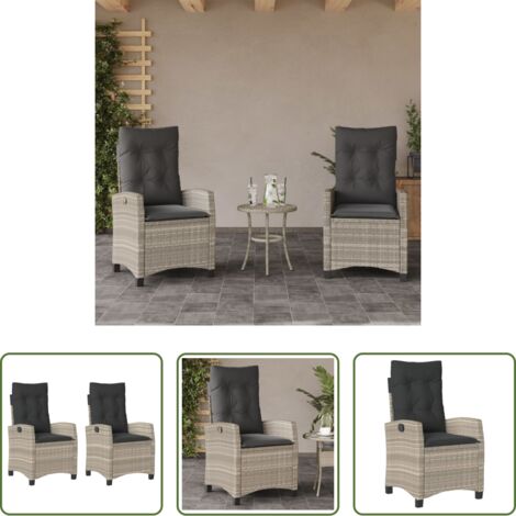 vidaXL Sillas de jardín con cojines -  Sillones reclinables de jardín con cojines gris 2 uds ratán PE