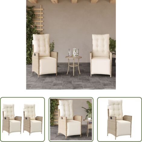 vidaXL Sillas de jardín con respaldo ajustable -  Sillones reclinables jardín con reposapiés 2 uds ratán PE beige