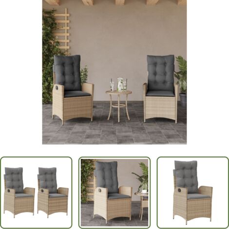 vidaXL Sillas de jardín con respaldo ajustable -  Sillones reclinables jardín y cojines beige mix 2 uds ratán PE