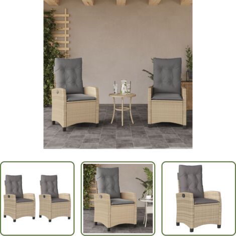 vidaXL Sillas de jardín con respaldo ajustable -  Sillones reclinables jardín y cojines beige mix 2 uds ratán PE