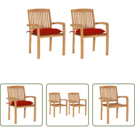 vidaXL Sillas de jardín de madera -  Sillas de jardín 2 uds madera maciza de teca con cojines rojos
