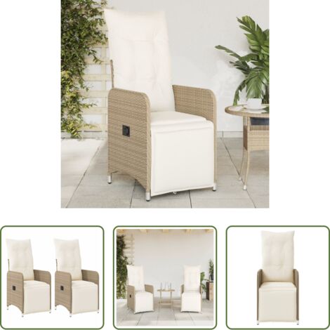 vidaXL Sillas de jardín de ratán sintético -  Sillones reclinables de jardín con cojines beige 2 uds ratán PE