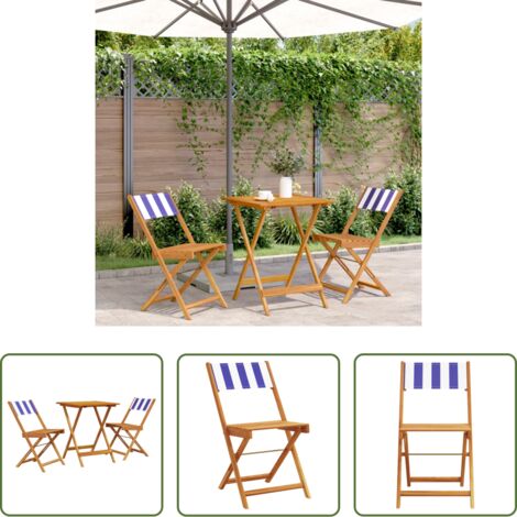 vidaXL Sillas de jardín -  Juego de bistro de 3 piezas tela y madera maciza azul y blanco