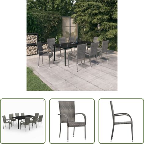 vidaXL Sillas de jardín -  Juego de comedor para jardín 9 piezas gris y negro