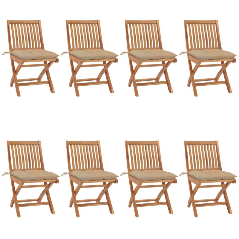 

vidaXL Sillas de jardín plegables 8 uds madera maciza teca con cojines - Marrón