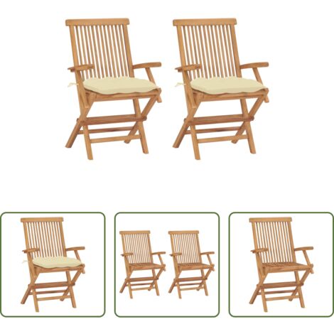 vidaXL Sillas de jardín plegables -  Sillas de jardín 2 uds madera teca con cojines crema blanco