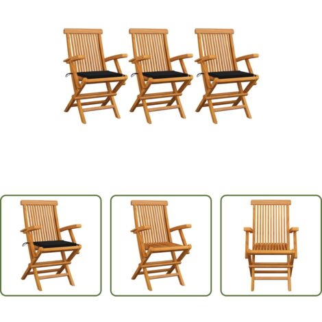 vidaXL Sillas de jardín plegables -  Sillas de jardín 3 uds madera maciza de teca con cojines negros