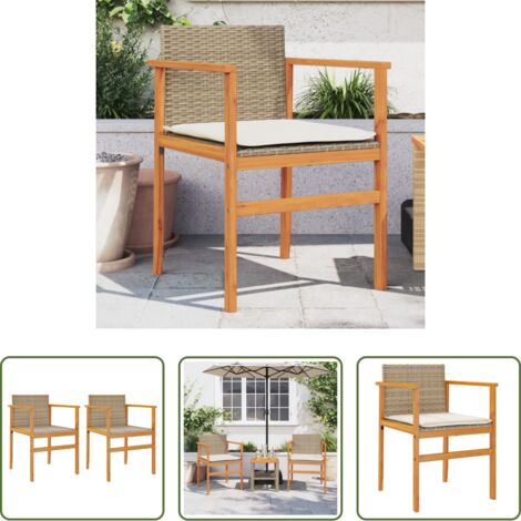 vidaXL Sillas de jardín ratán PE -  Sillas de jardín con cojín 2 uds ratán PE beige y madera acacia