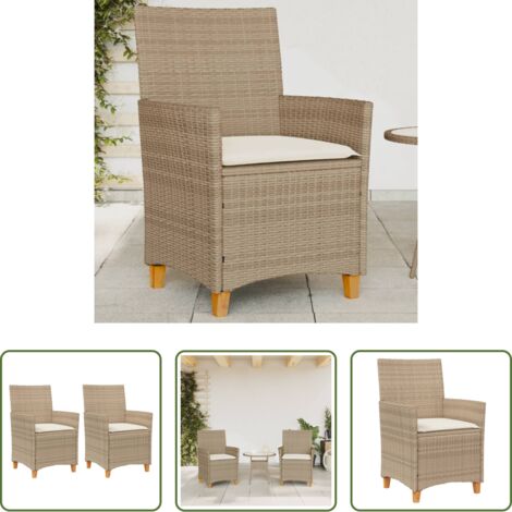 vidaXL Sillas de jardín ratán -  Sillas de jardín con cojín 2 uds ratán PE beige y madera acacia