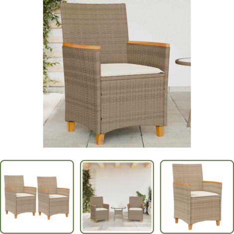 vidaXL Sillas de jardín ratán -  Sillas de jardín con cojín 2 uds ratán PE beige y madera acacia