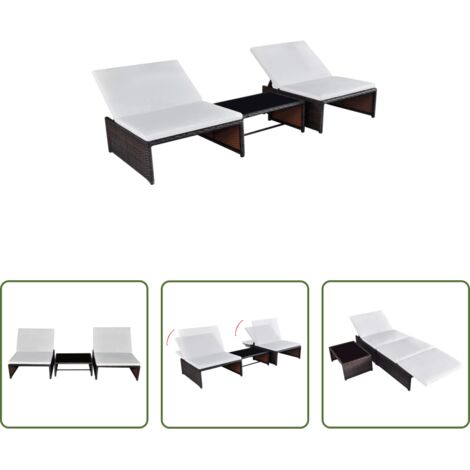 vidaXL Sillas de jardín ratán -  Sillas de jardín reclinables con mesa 2 uds ratán PE marrón