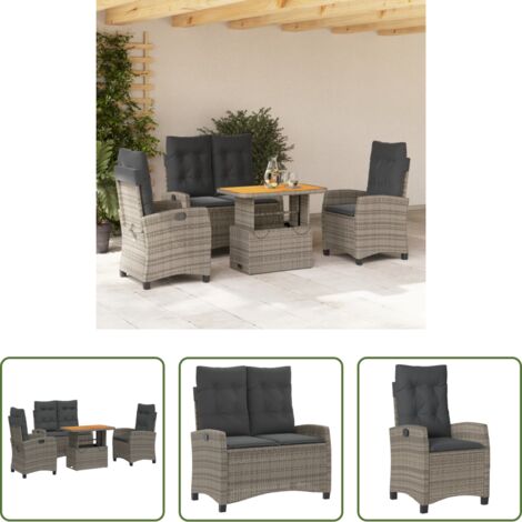 vidaXL Sillas de jardín reclinables -  Juego de comedor de jardín 4 piezas con cojines ratán PE gris