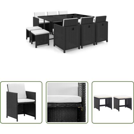 vidaXL Sillas de jardín -  Set comedor de jardín 11 piezas y cojines ratán sintético negro
