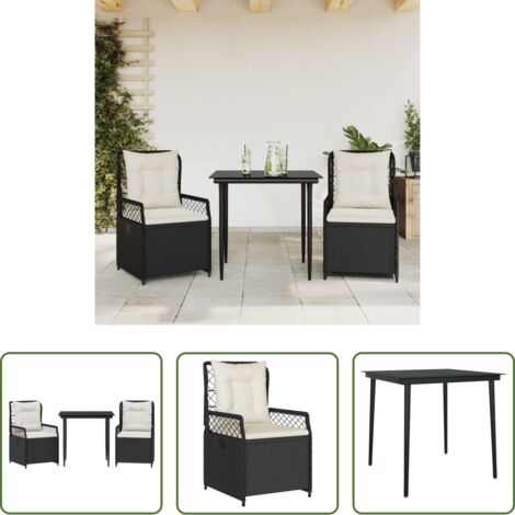 vidaXL Sillas de jardín -  Set comedor de jardín 3 pzas con cojines ratán sintético negro