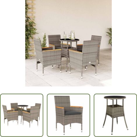 vidaXL Sillas de jardín -  Set comedor jardín 5 pzas y cojines ratán sintético vidrio gris