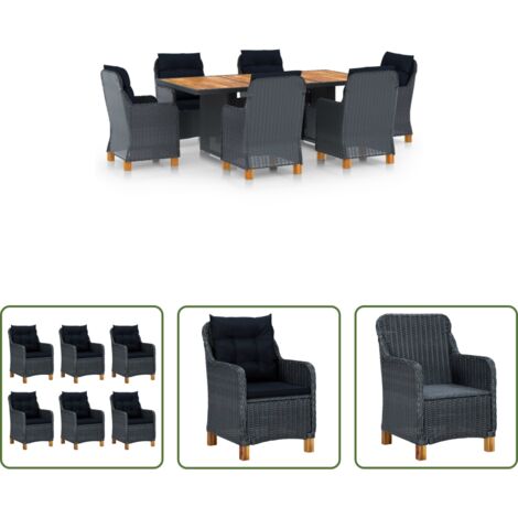 vidaXL Sillas de jardín -  Set comedor jardín 7 pzas cojines ratán sintético gris oscuro