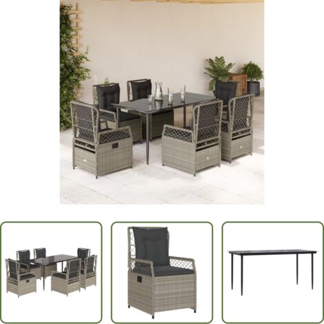 vidaXL Sillas de jardín -  Set comedor jardín 7 pzas y cojines ratán sintético gris claro