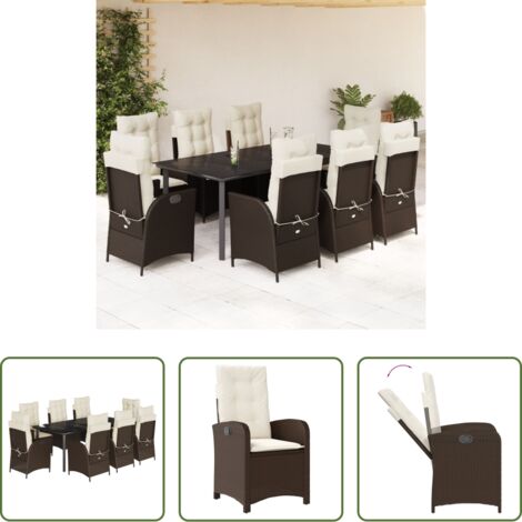 vidaXL Sillas de jardín -  Set comedor para jardín 9 pzas y cojines ratán sintético marrón