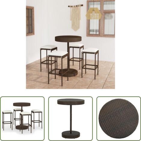 vidaXL Sillas de jardín -  Set de bar para jardín 5 pzas y cojines ratán sintético marrón
