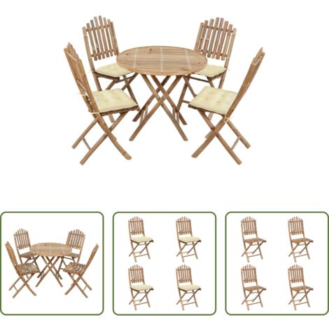 vidaXL Sillas de jardín -  Set de comedor de jardín plegable 5 piezas con cojines bambú
