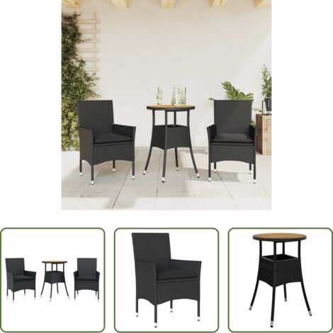 vidaXL Sillas de jardín -  Set de comedor jardín 3 pzas con cojines ratán PE acacia negro