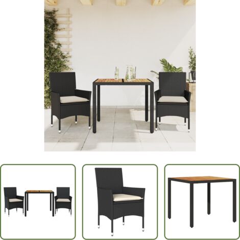 vidaXL Sillas de jardín -  Set de comedor jardín 3 pzas con cojines ratán PE acacia negro