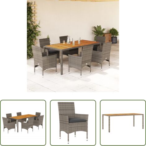 vidaXL Sillas de jardín -  Set de comedor jardín 7 pzas con cojines ratán PE acacia gris