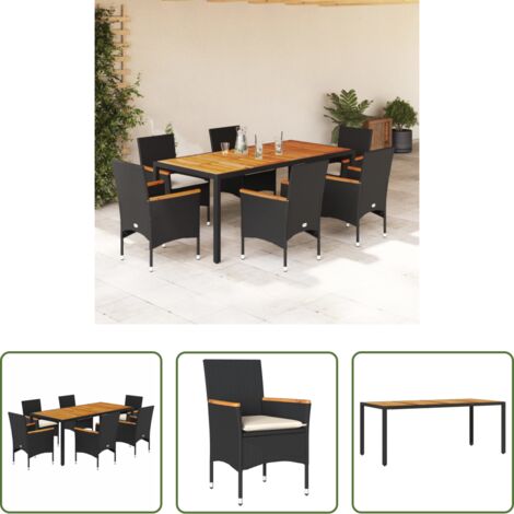 vidaXL Sillas de jardín -  Set de comedor jardín 7 pzas con cojines ratán PE acacia negro