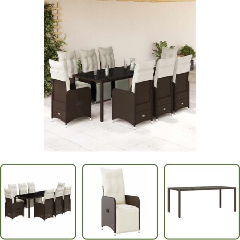 vidaXL Sillas de jardín -  Set de mesa y sillas jardín 9 piezas y cojines ratán PE marrón