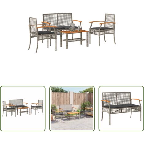 vidaXL Sillas de jardín -  Set de muebles de jardín 4 pzas y cojines ratán sintético gris