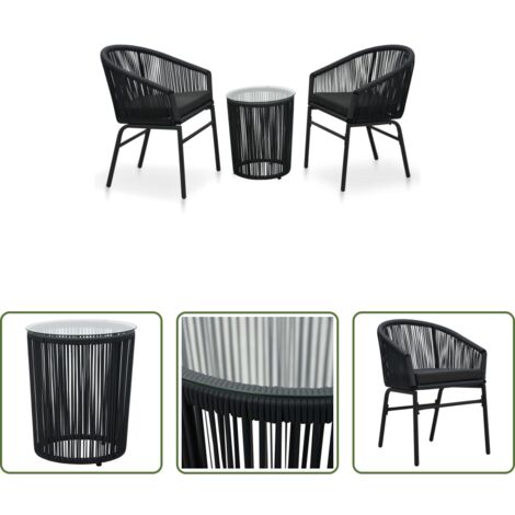 vidaXL Sillas de jardín -  Set mesa y sillas de jardín 3 pzas y cojines ratán PE negro