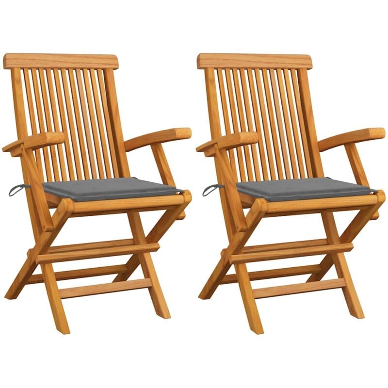 

vidaXL Sillas de jardín 2 uds con cojines grises madera de teca - Gris