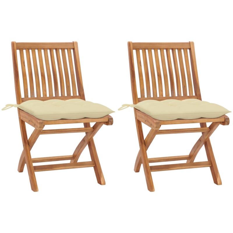 

vidaXL Sillas de jardín 2 uds madera de teca con cojines blanco crema - Crema